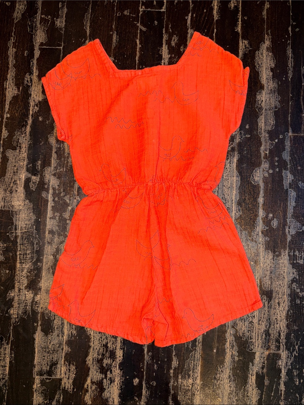 Bobo Choses Coral Orange Bird-Print Sleeveless Romper